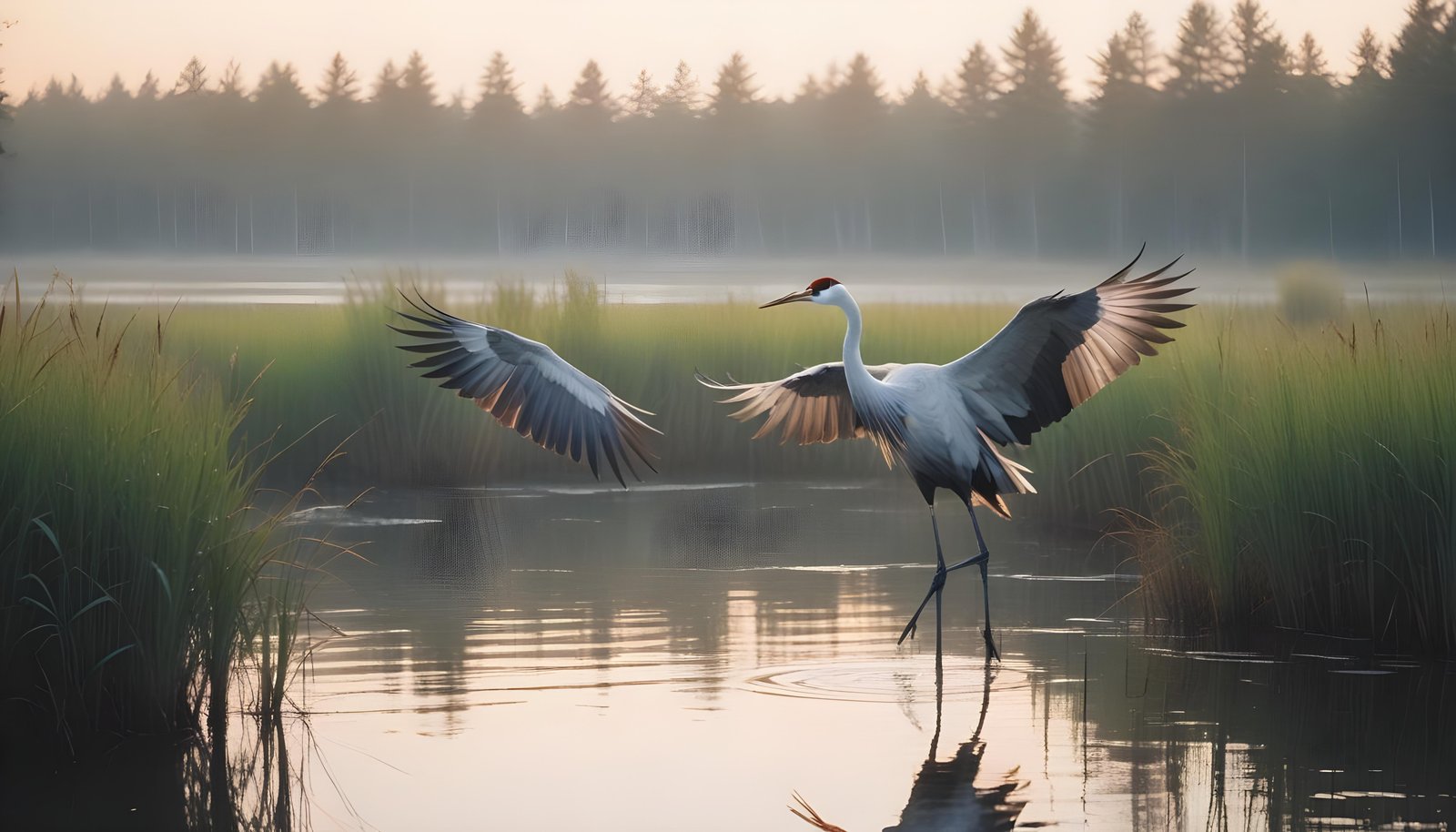 Majestic Crane Bird in Serene River Landscape with Autumn Forest Background