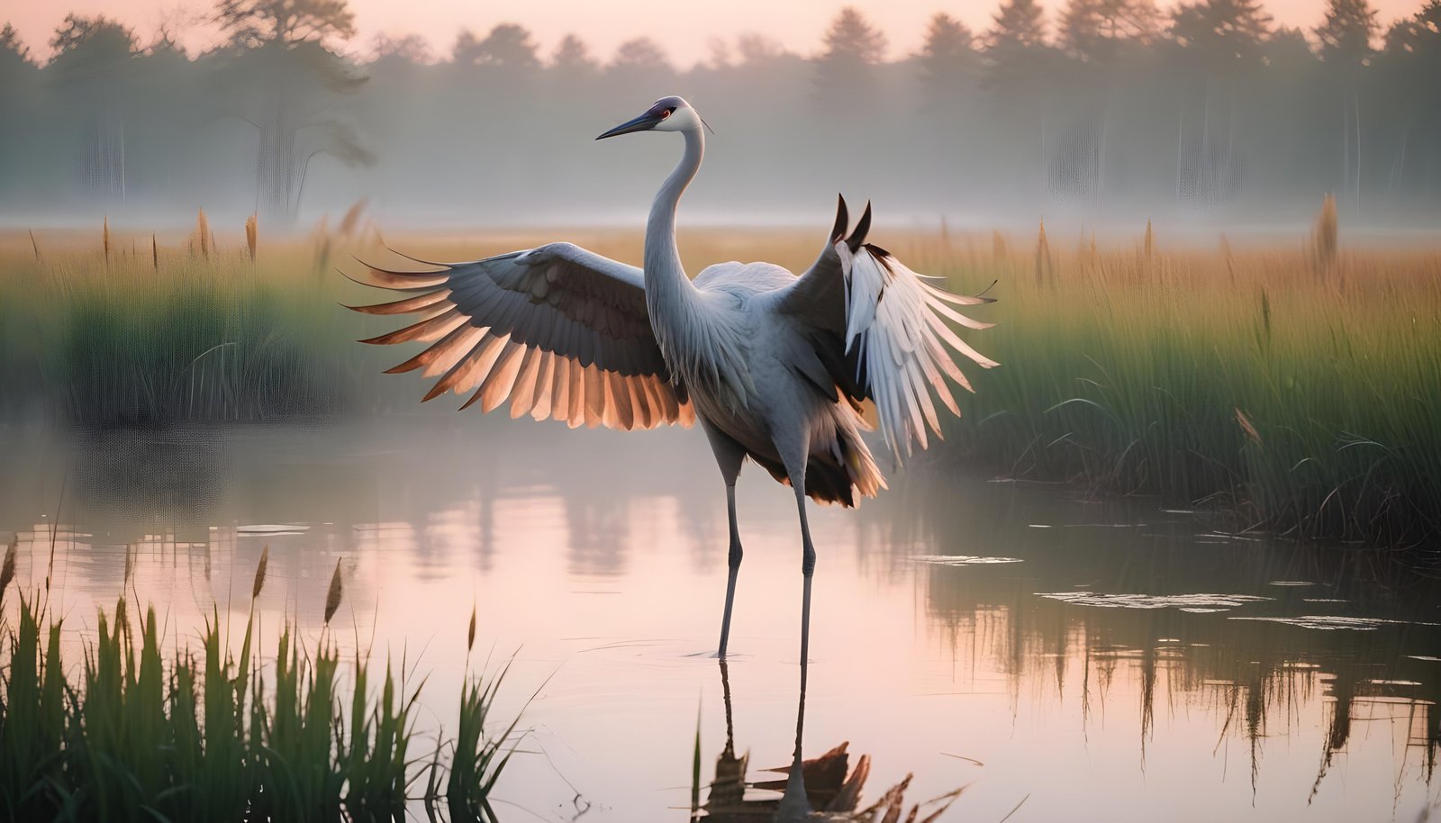 Majestic Crane Bird in Serene River Landscape with Autumn Forest Background