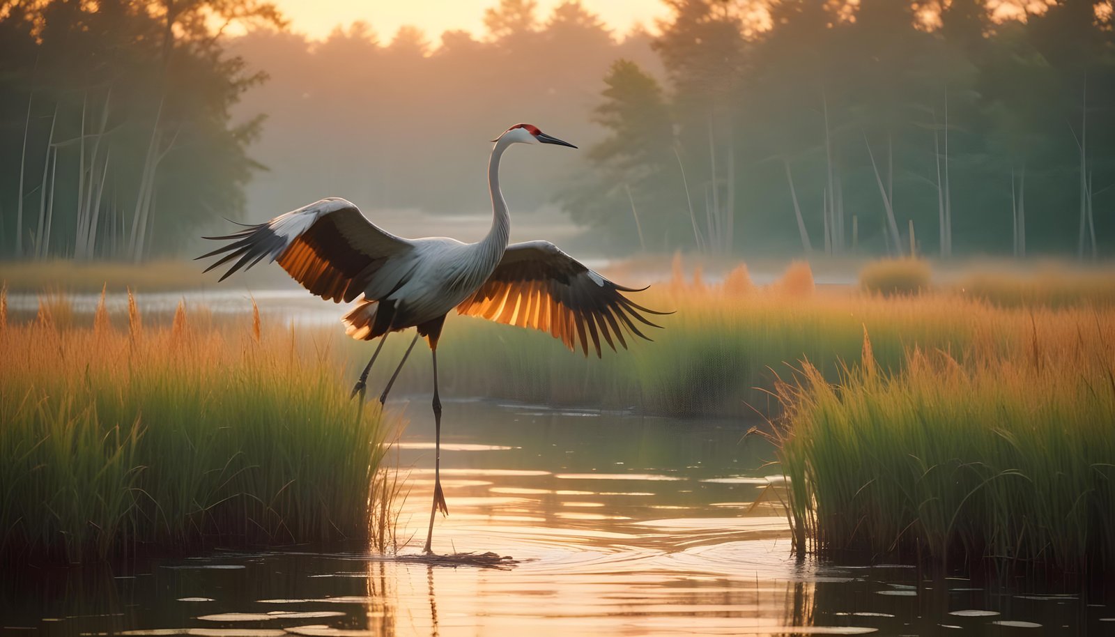 Majestic Crane Bird in Serene River Landscape with Autumn Forest Background