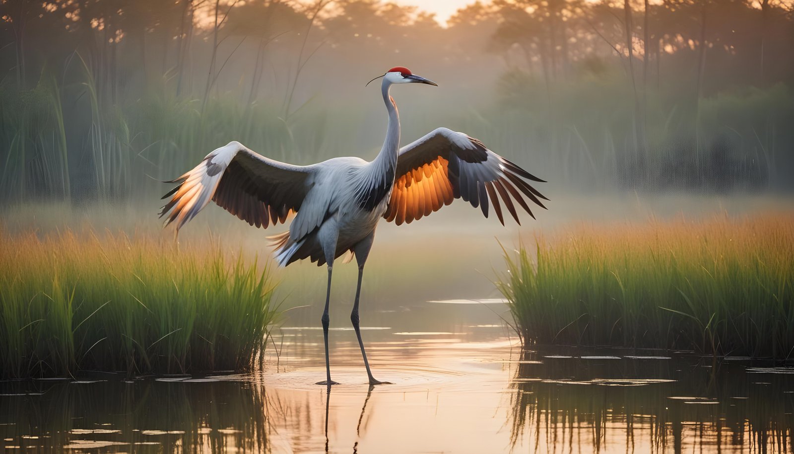Majestic Crane Bird in Serene River Landscape with Autumn Forest Background