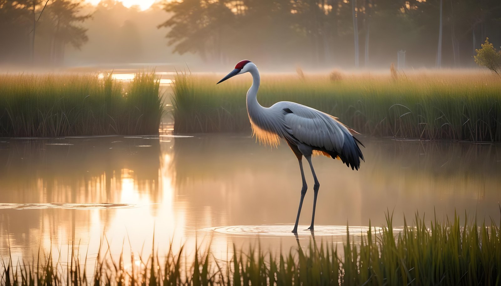Majestic Crane Bird in Serene River Landscape with Autumn Forest Background