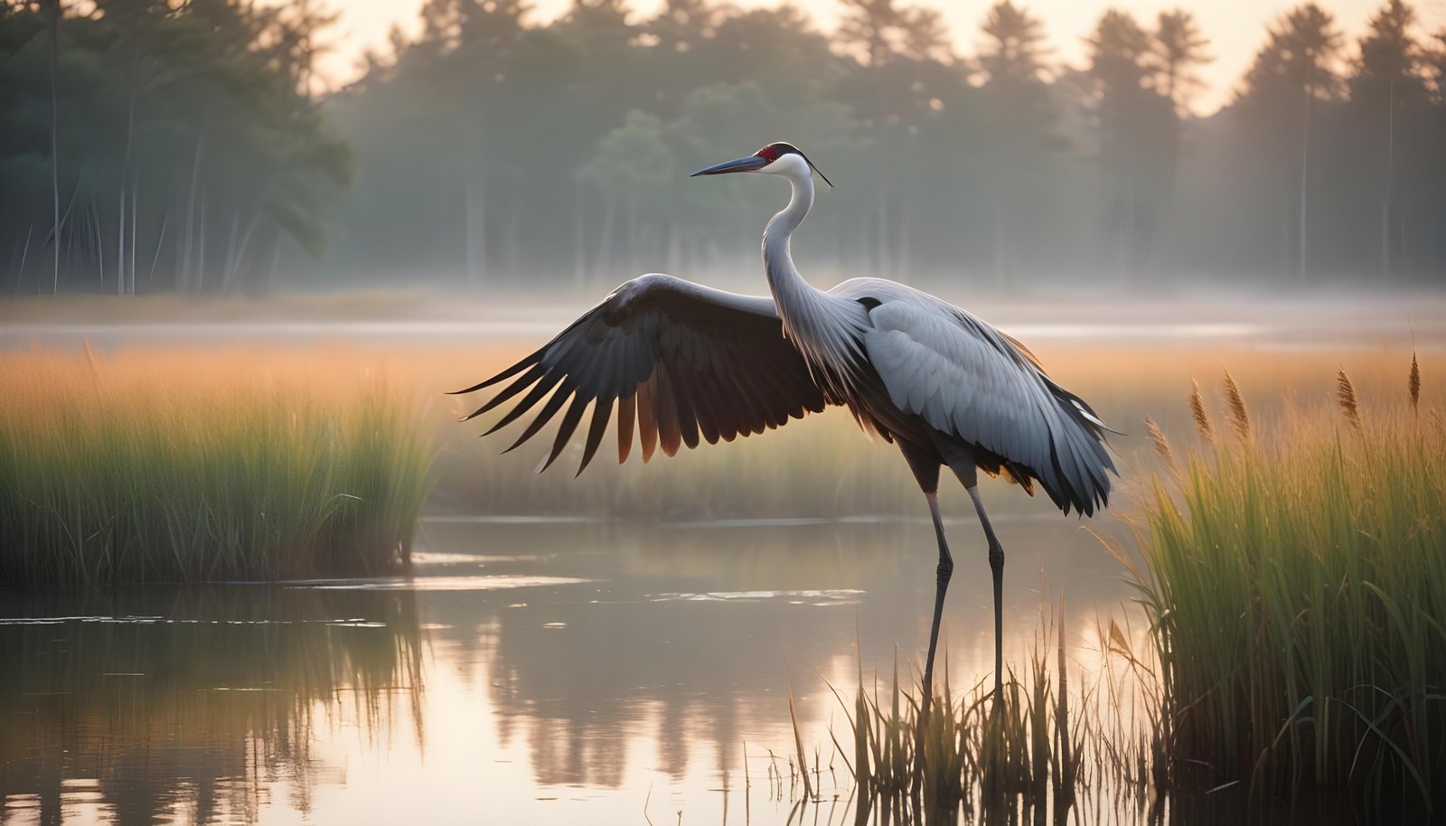 Majestic Crane Bird in Serene River Landscape with Autumn Forest Background