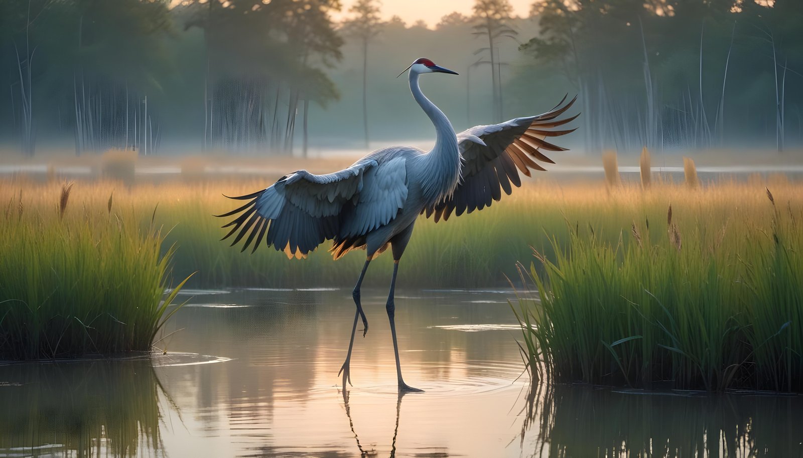 Majestic Crane Bird in Serene River Landscape with Autumn Forest Background