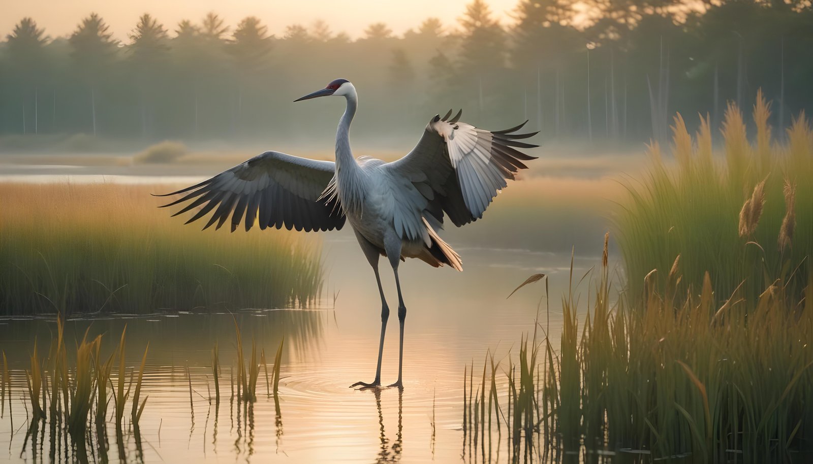 Majestic Crane Bird in Serene River Landscape with Autumn Forest Background