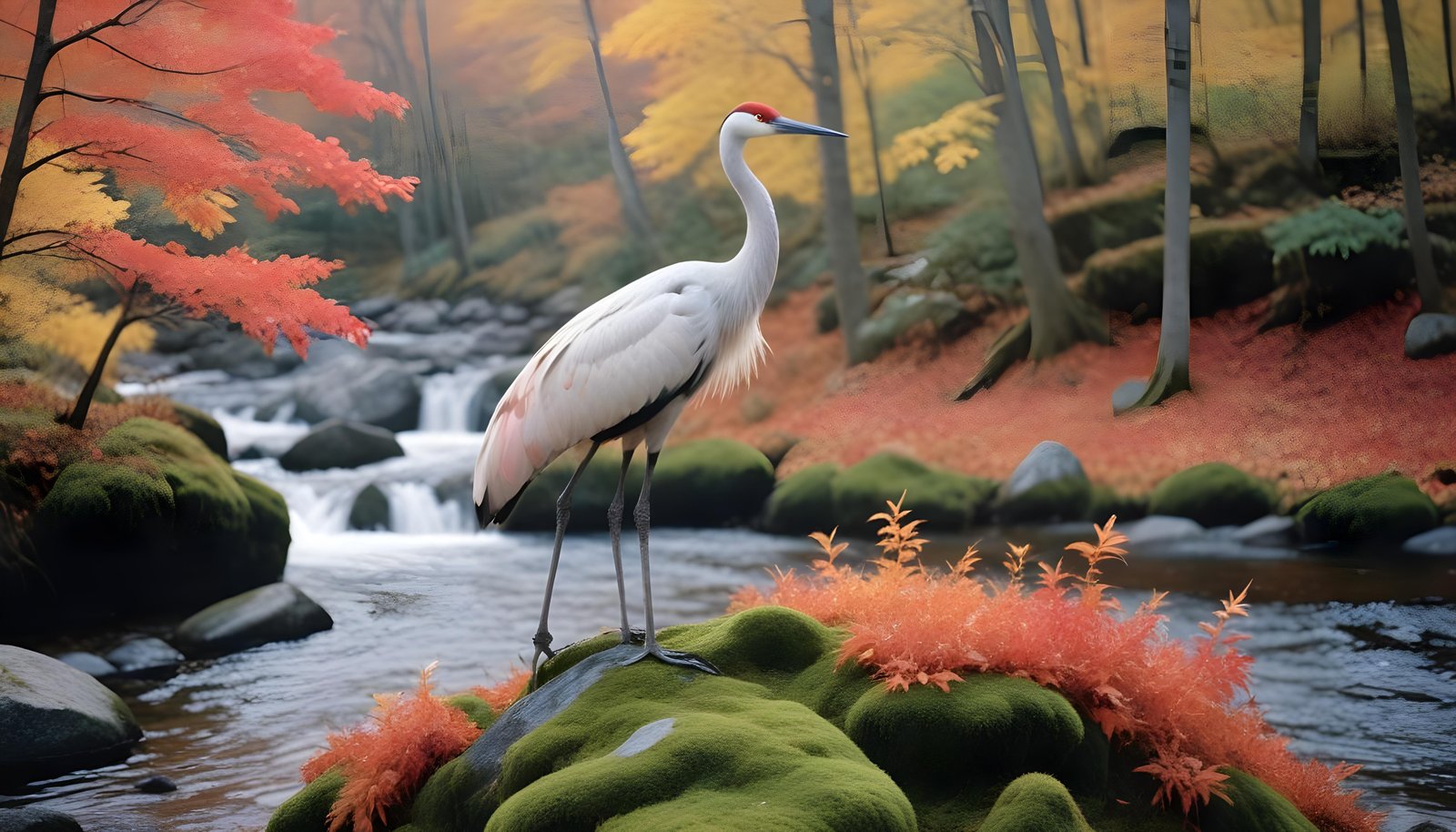 Majestic Crane Bird in Serene River Landscape with Autumn Forest Background