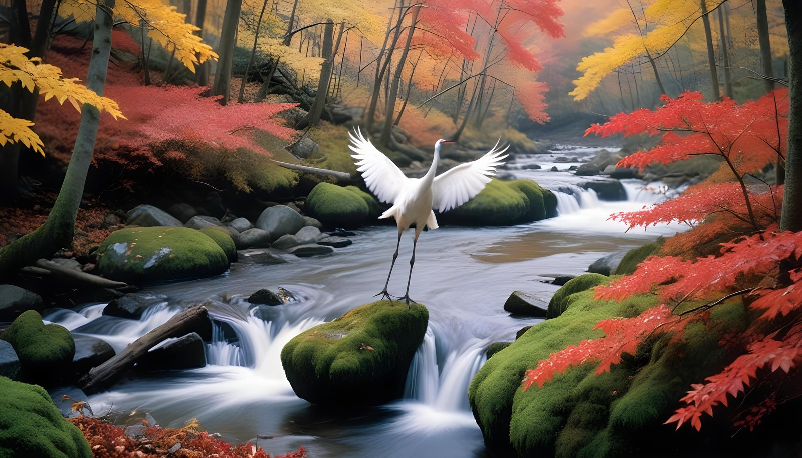 Majestic Crane Bird in Serene River Landscape with Autumn Forest Background