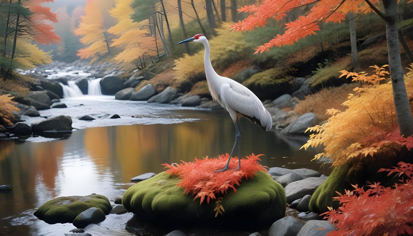 Majestic Crane Bird in Serene River Landscape with Autumn Forest Background