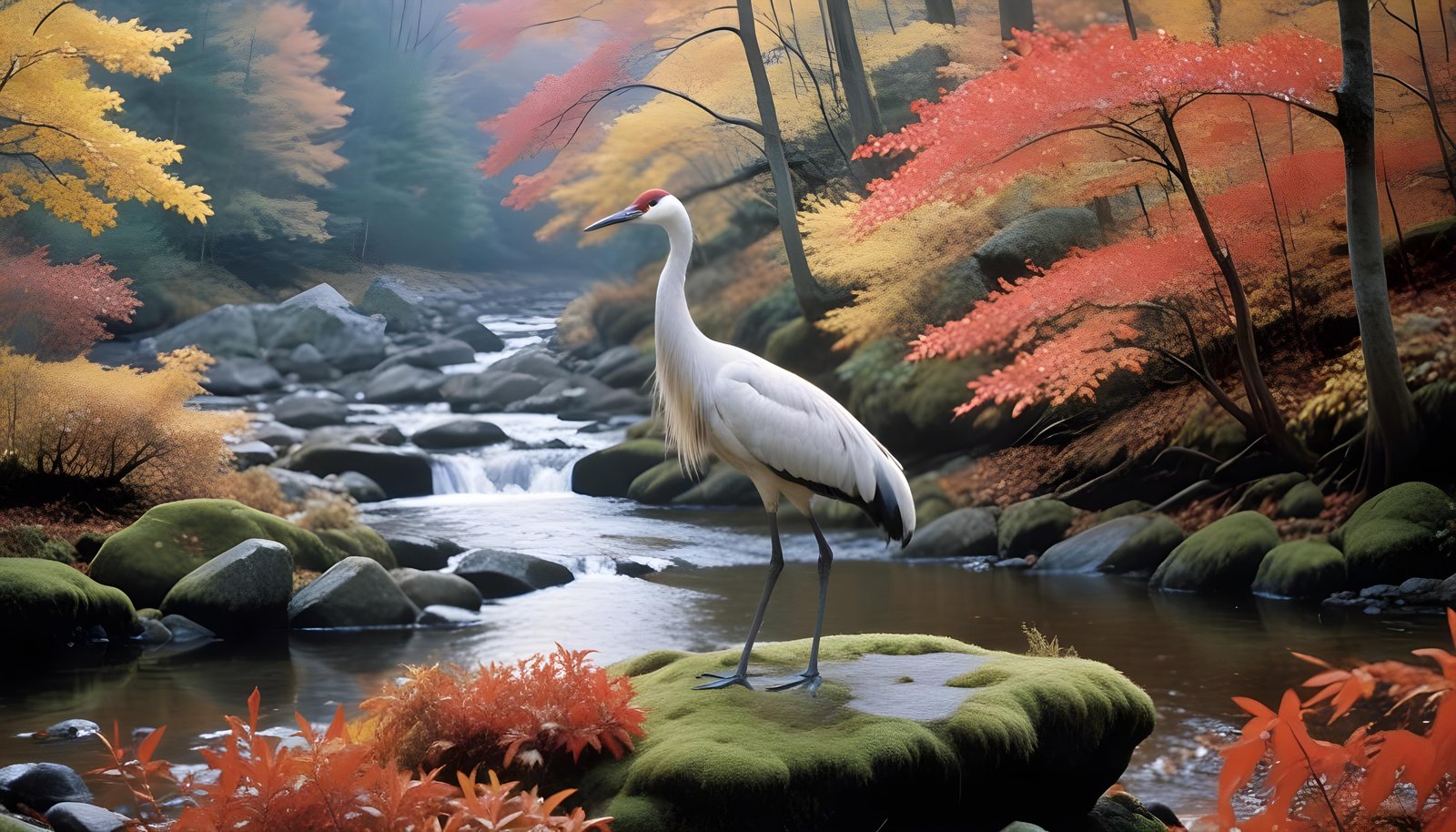 Majestic Crane Bird in Serene River Landscape with Autumn Forest Background