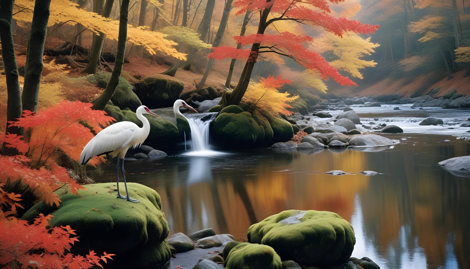 Majestic Crane Bird in Serene River Landscape with Autumn Forest Background