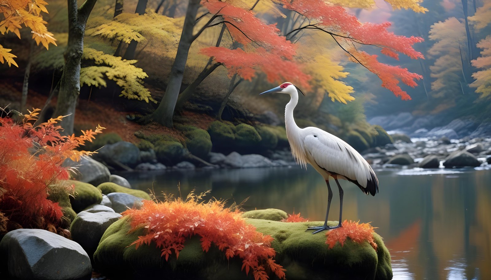 Majestic Crane Bird in Serene River Landscape with Autumn Forest Background
