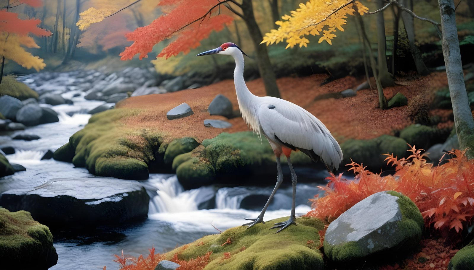 Majestic Crane Bird in Serene River Landscape with Autumn Forest Background