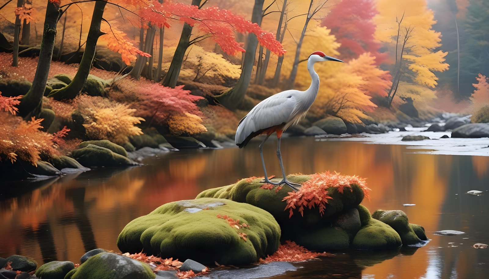 Majestic Crane Bird in Serene River Landscape with Autumn Forest Background