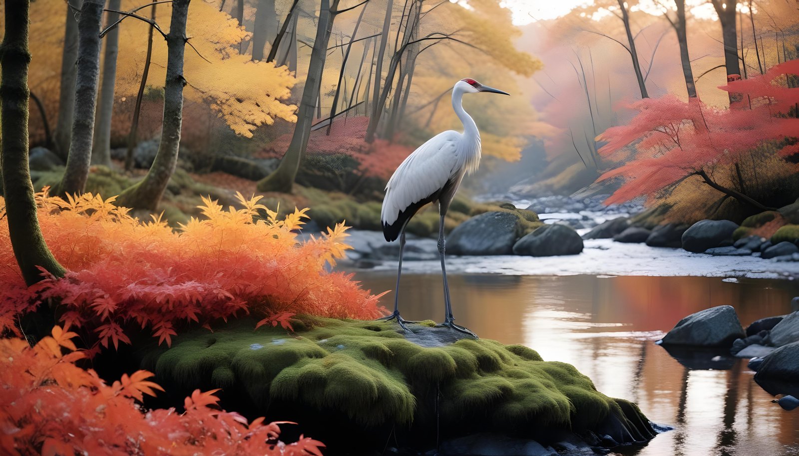 Majestic Crane Bird in Serene River Landscape with Autumn Forest Background