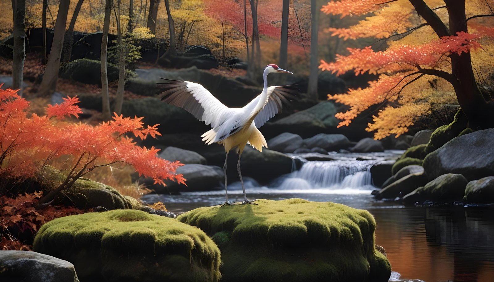 Majestic Crane Bird in Serene River Landscape with Autumn Forest Background