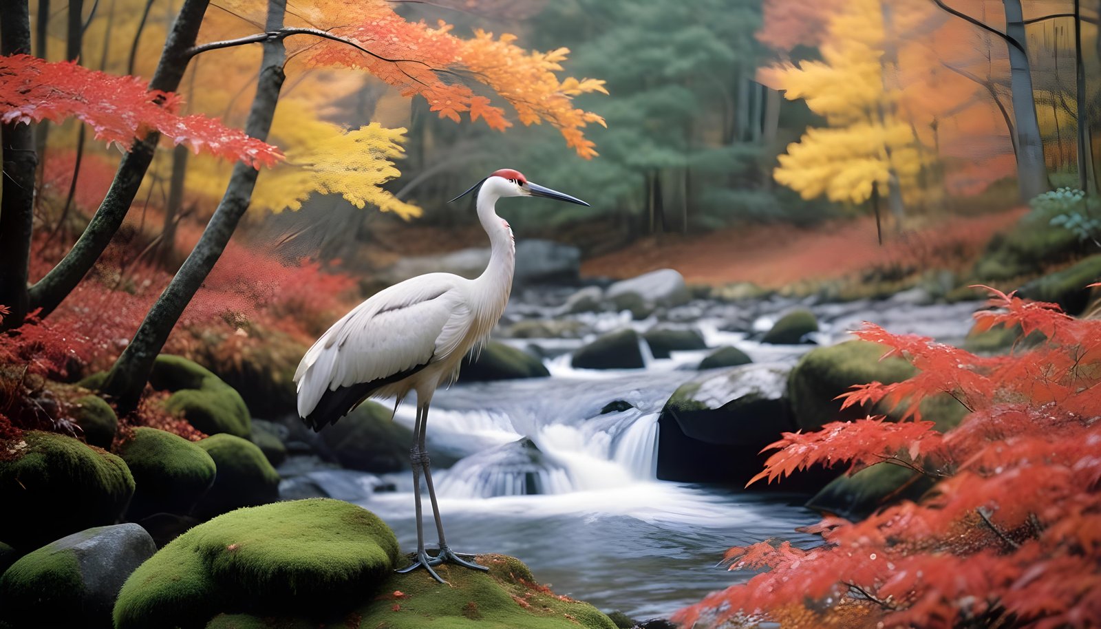 Majestic Crane Bird in Serene River Landscape with Autumn Forest Background