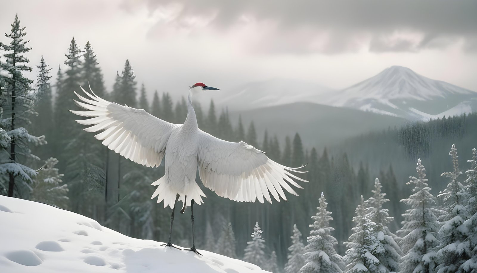 Majestic Crane Bird in Serene River Landscape with Autumn Forest Background