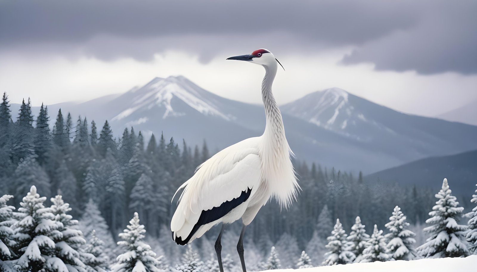 Majestic Crane Bird in Serene River Landscape with Autumn Forest Background
