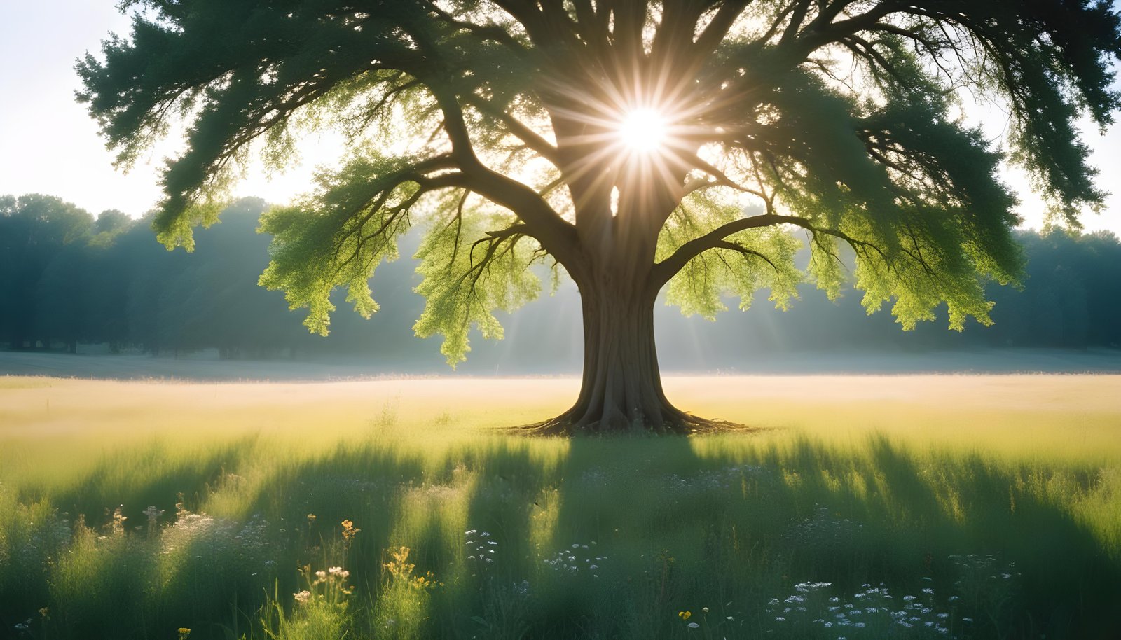 Majestic Sunlit Tree in Beautiful Countryside Landscape with Golden Sun Rays