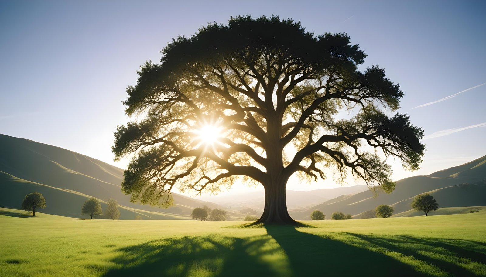 Majestic Sunlit Tree in Beautiful Countryside Landscape with Golden Sun Rays