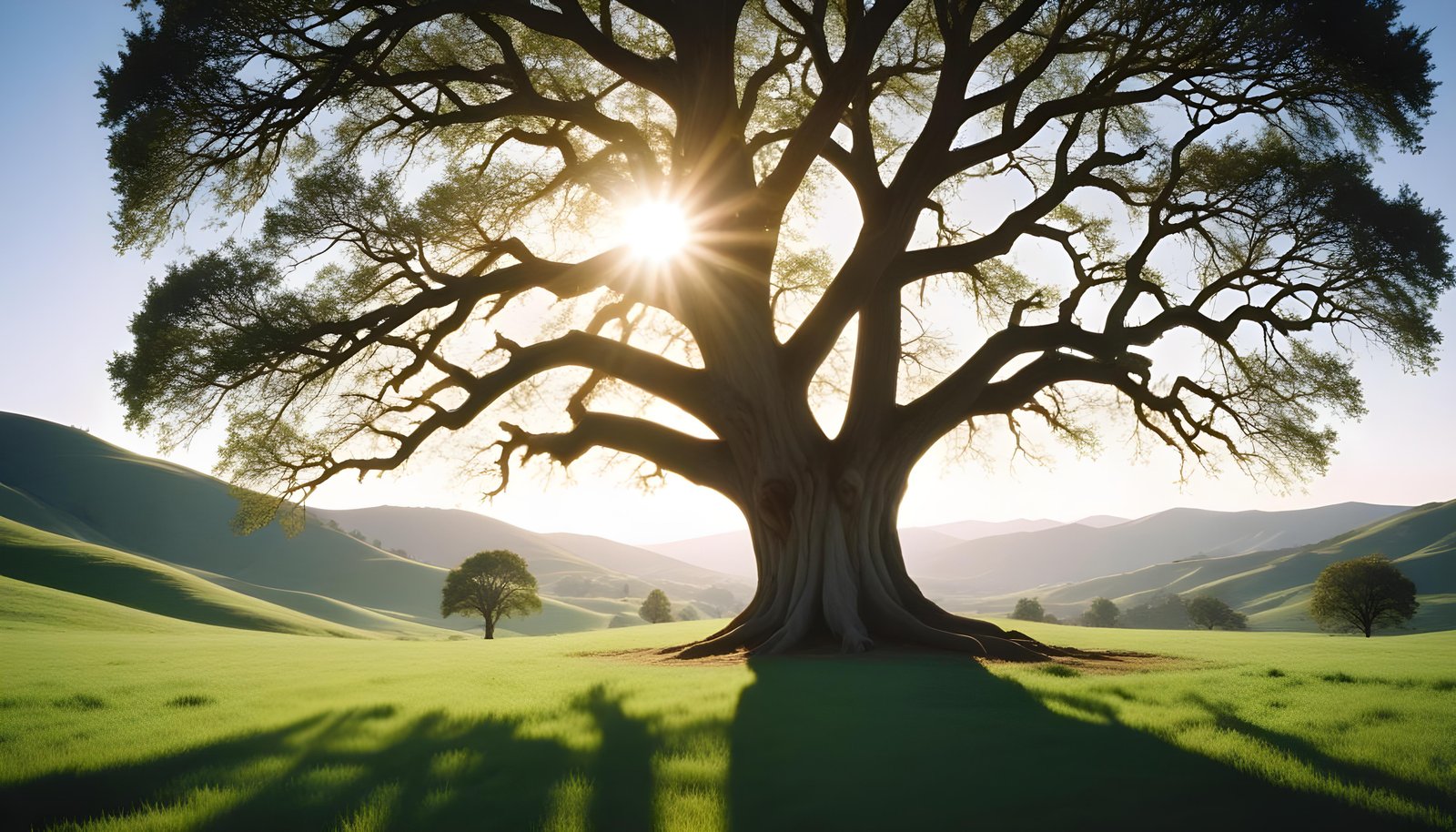 Majestic Sunlit Tree in Beautiful Countryside Landscape with Golden Sun Rays