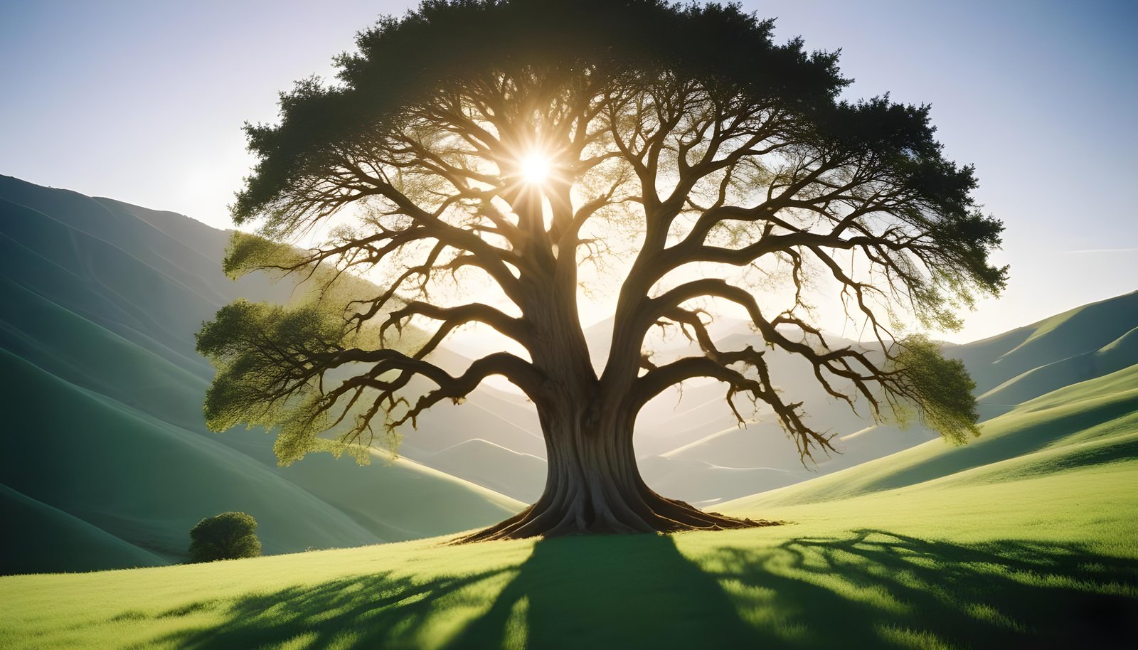 Majestic Sunlit Tree in Beautiful Countryside Landscape with Golden Sun Rays