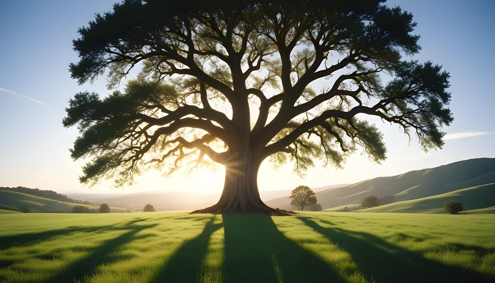 Majestic Sunlit Tree in Beautiful Countryside Landscape with Golden Sun Rays