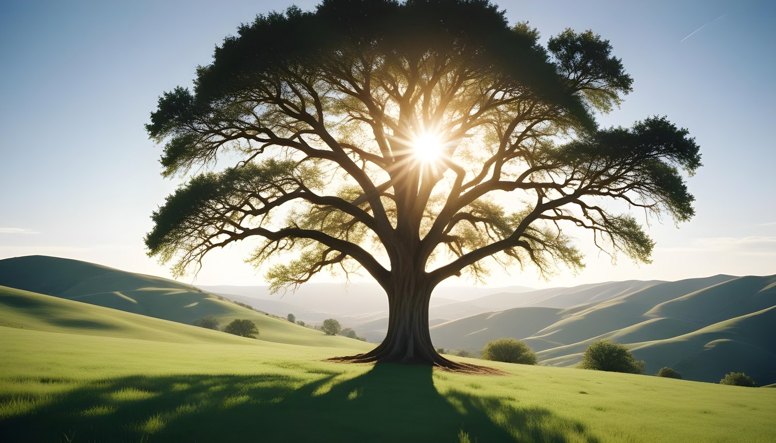 Majestic Sunlit Tree in Beautiful Countryside Landscape with Golden Sun Rays