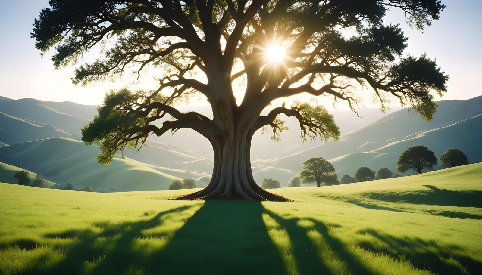 Majestic Sunlit Tree in Beautiful Countryside Landscape with Golden Sun Rays