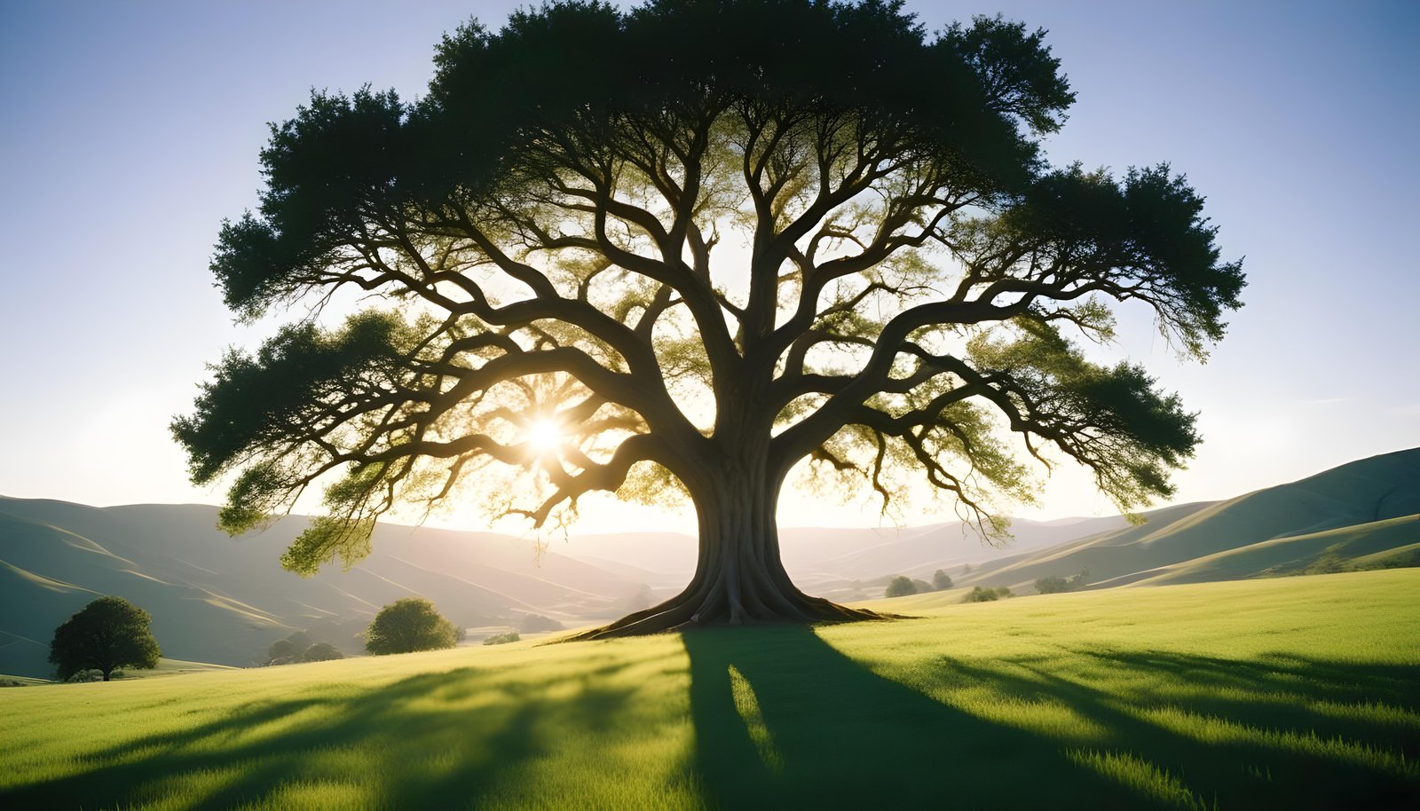 Majestic Sunlit Tree in Beautiful Countryside Landscape with Golden Sun Rays