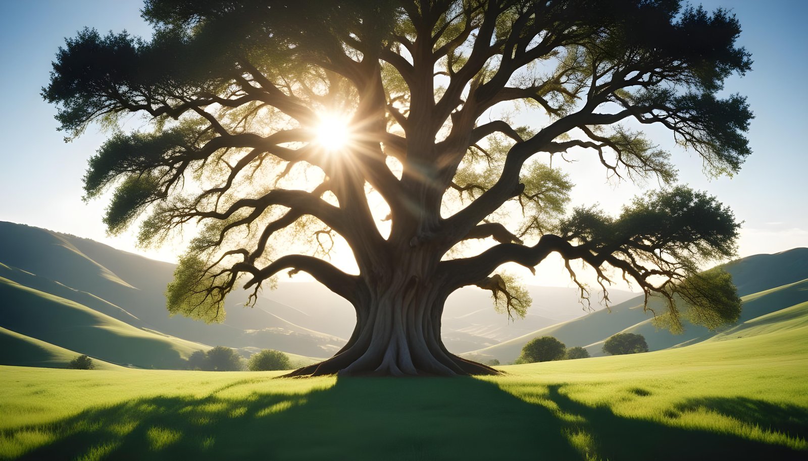 Majestic Sunlit Tree in Beautiful Countryside Landscape with Golden Sun Rays