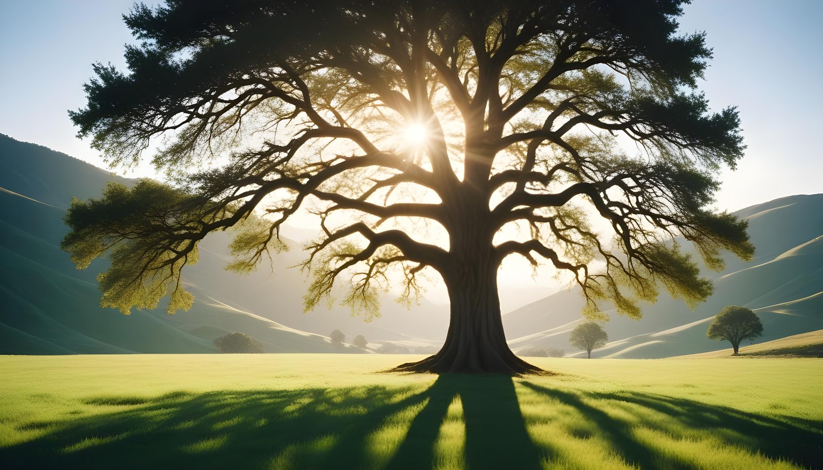 Majestic Sunlit Tree in Beautiful Countryside Landscape with Golden Sun Rays