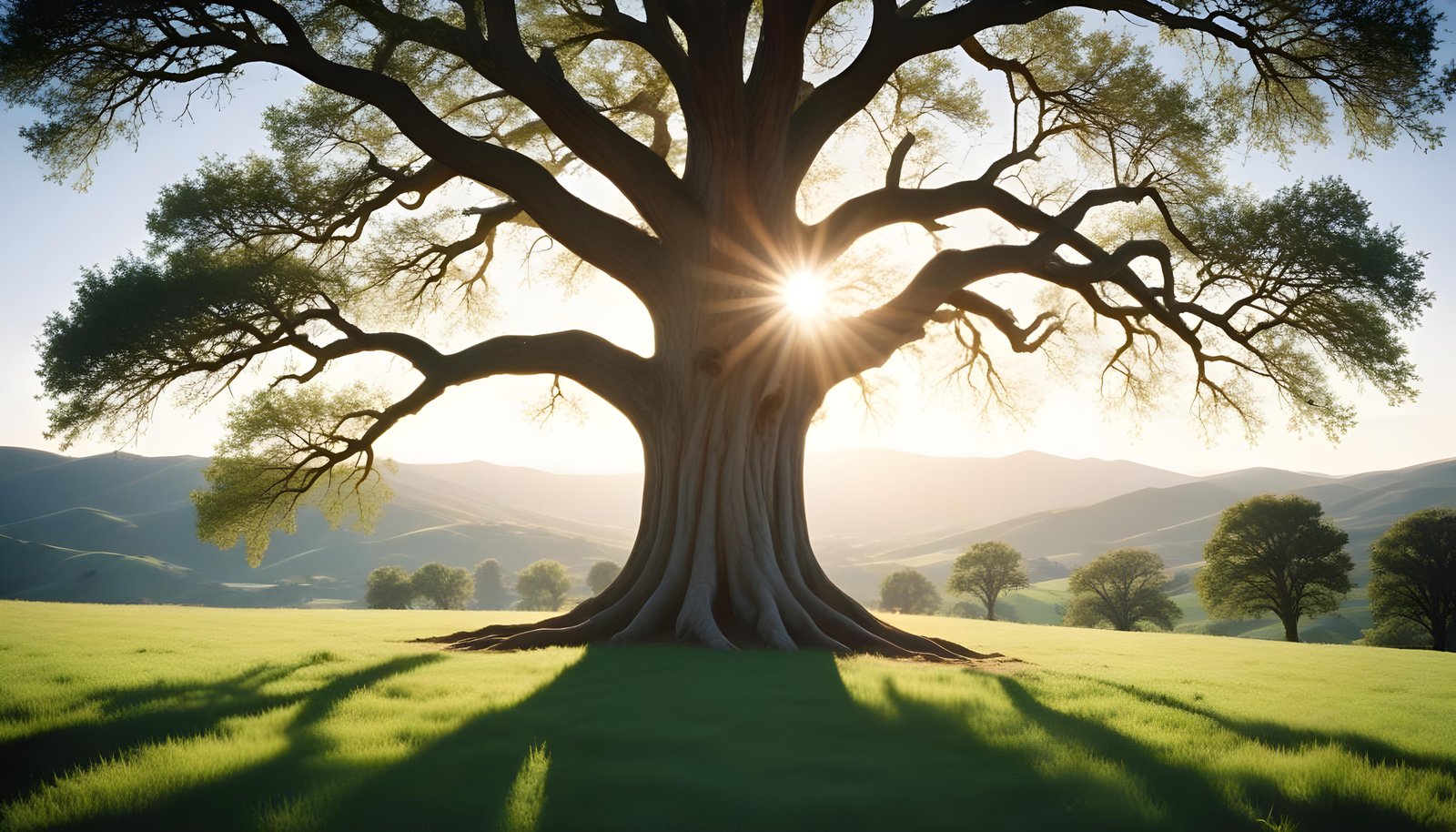 Majestic Sunlit Tree in Beautiful Countryside Landscape with Golden Sun Rays