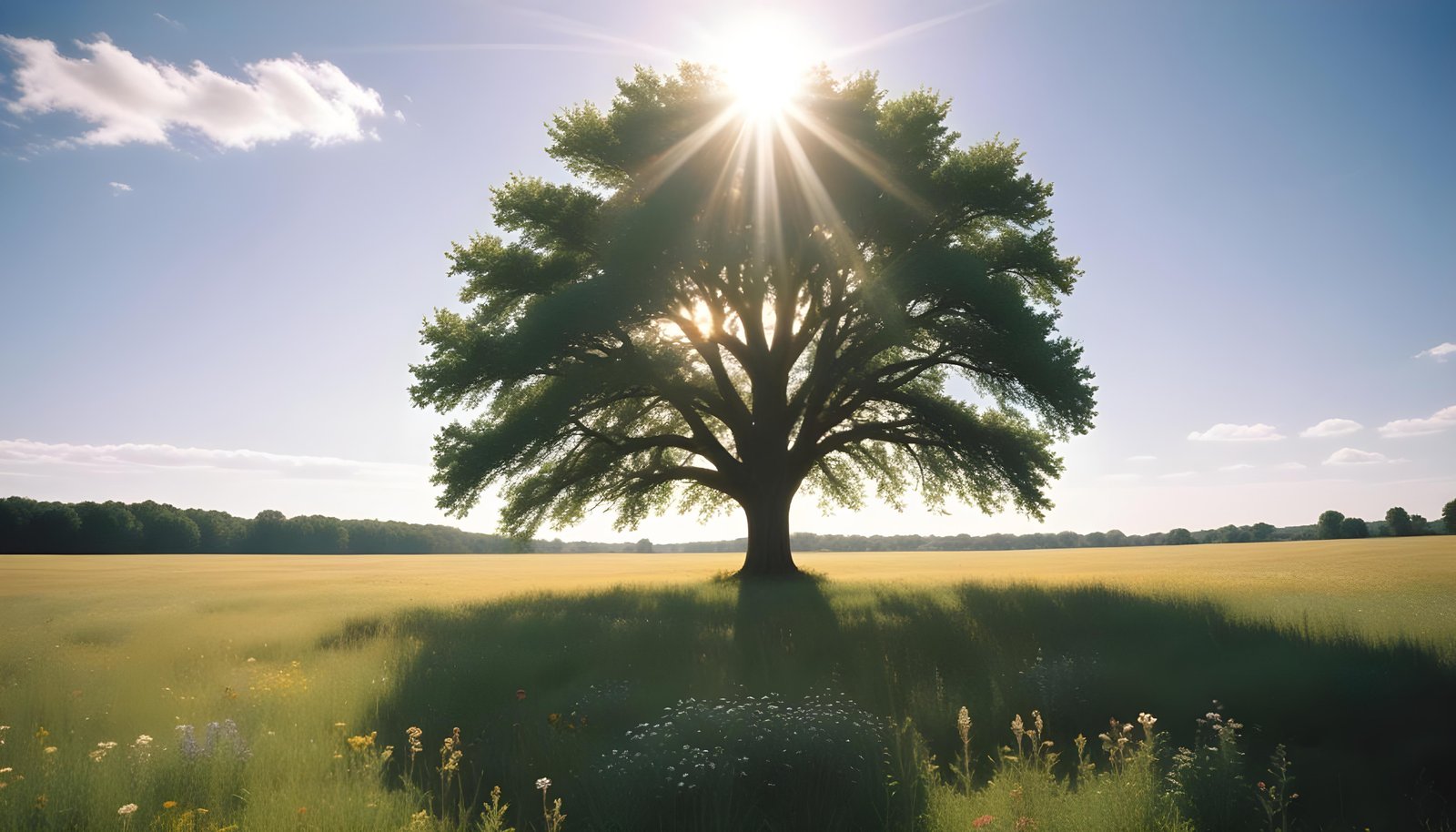 Majestic Sunlit Tree in Beautiful Countryside Landscape with Golden Sun Rays