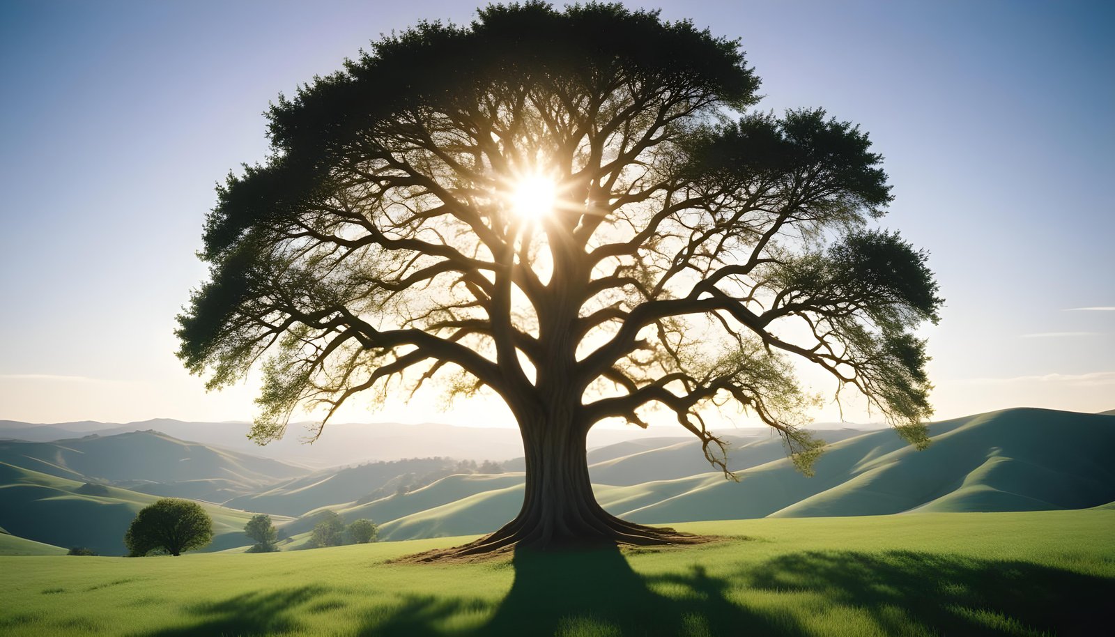 Majestic Sunlit Tree in Beautiful Countryside Landscape with Golden Sun Rays
