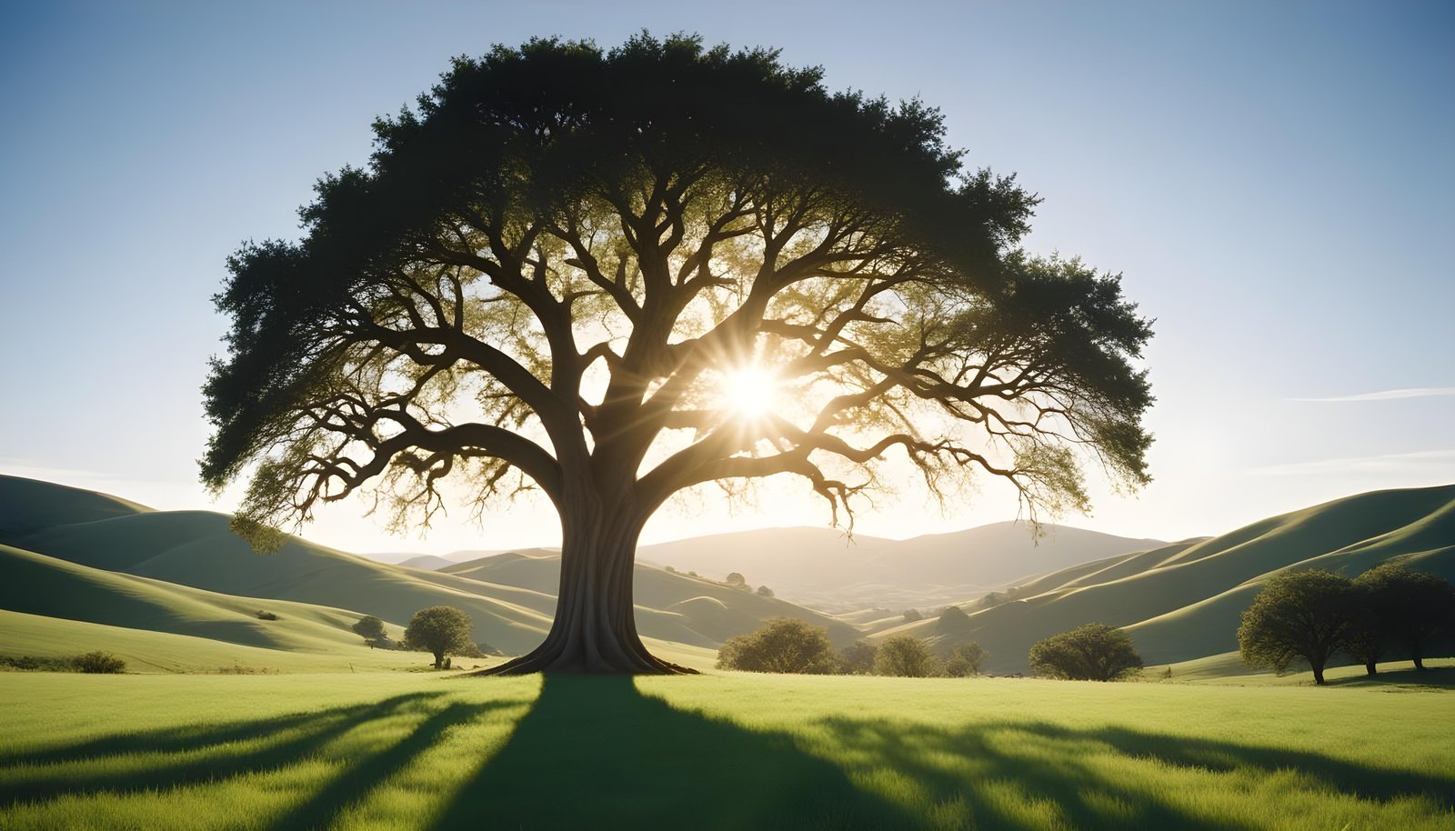 Majestic Sunlit Tree in Beautiful Countryside Landscape with Golden Sun Rays