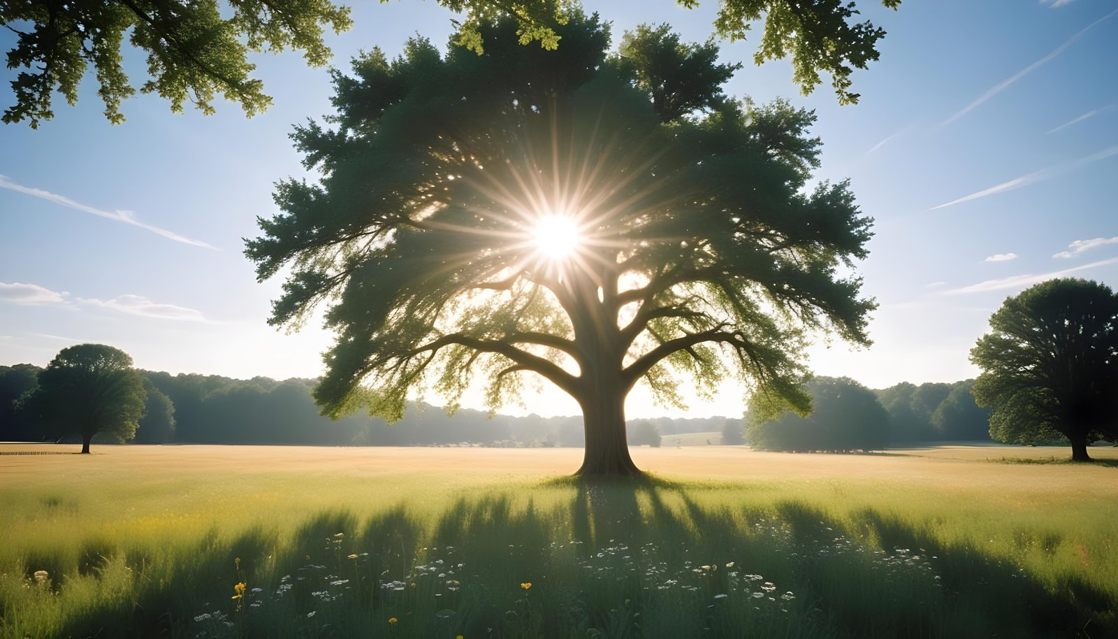 Majestic Sunlit Tree in Beautiful Countryside Landscape with Golden Sun Rays
