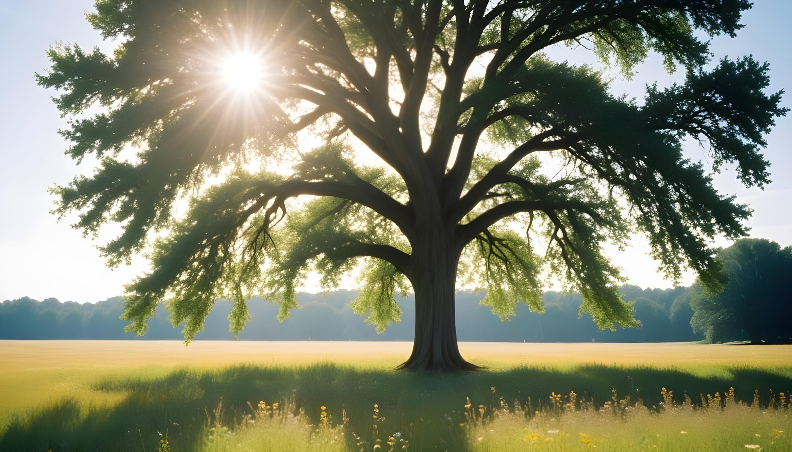 Majestic Sunlit Tree in Beautiful Countryside Landscape with Golden Sun Rays