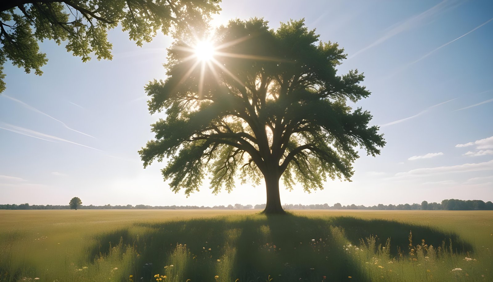 Majestic Sunlit Tree in Beautiful Countryside Landscape with Golden Sun Rays