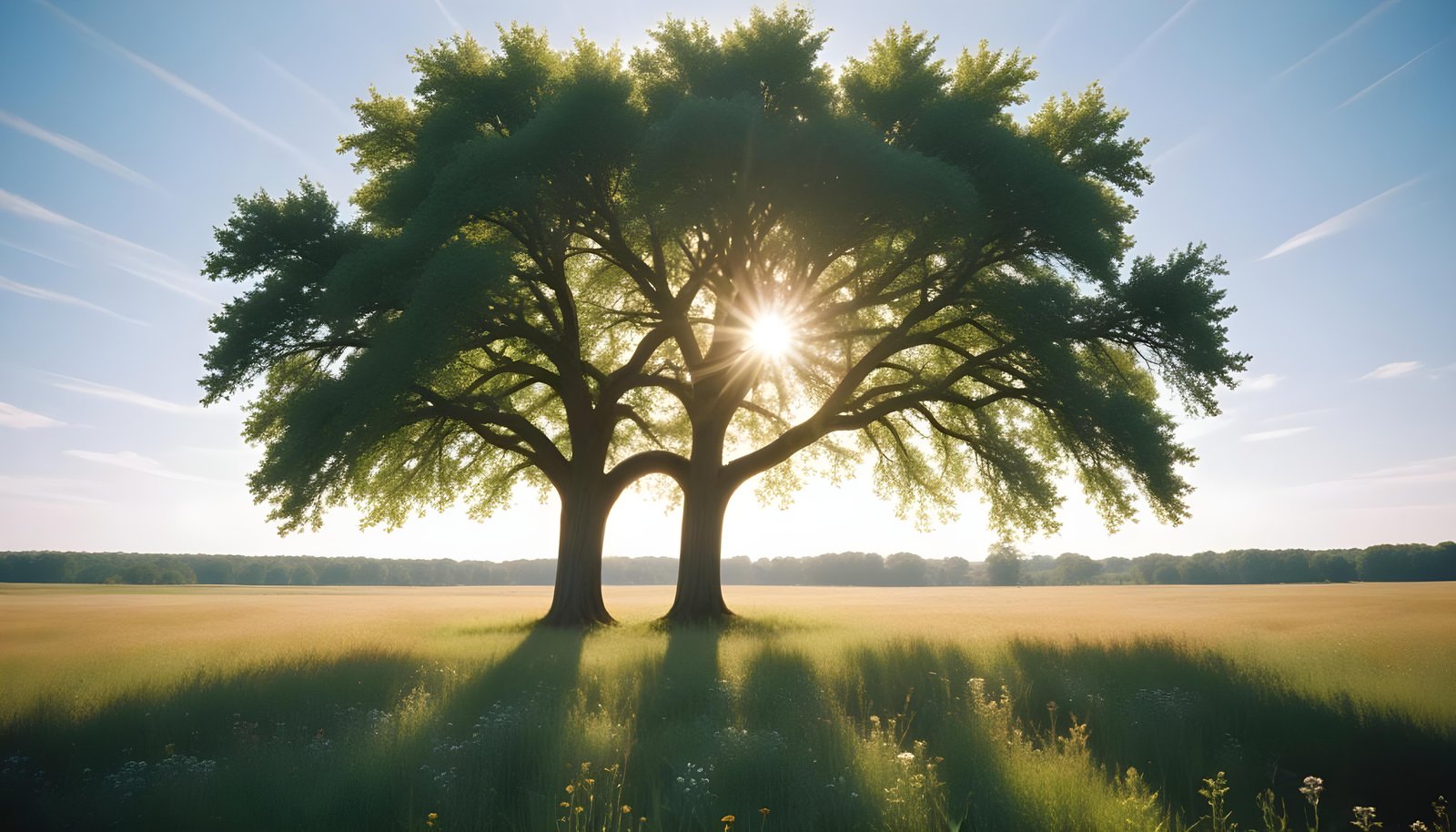 Majestic Sunlit Tree in Beautiful Countryside Landscape with Golden Sun Rays