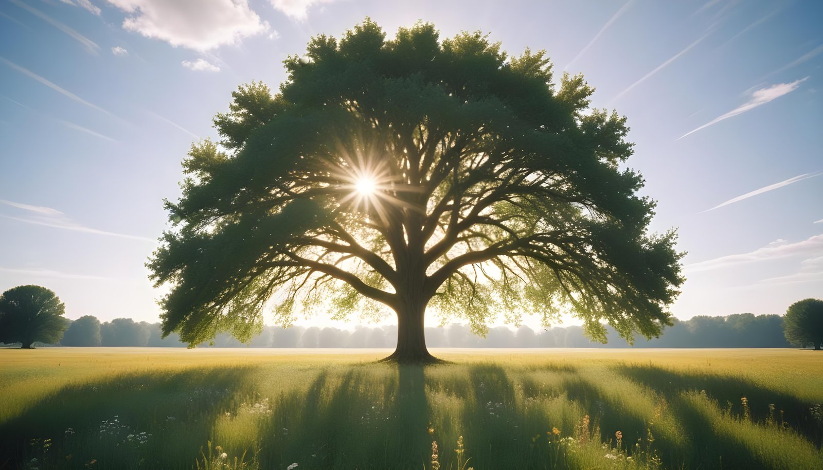 Majestic Sunlit Tree in Beautiful Countryside Landscape with Golden Sun Rays