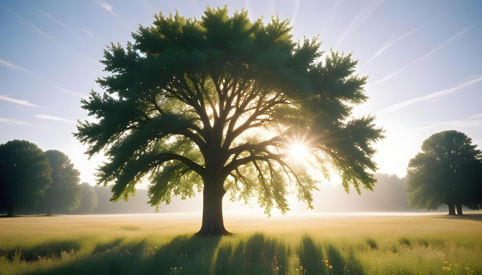 Majestic Sunlit Tree in Beautiful Countryside Landscape with Golden Sun Rays