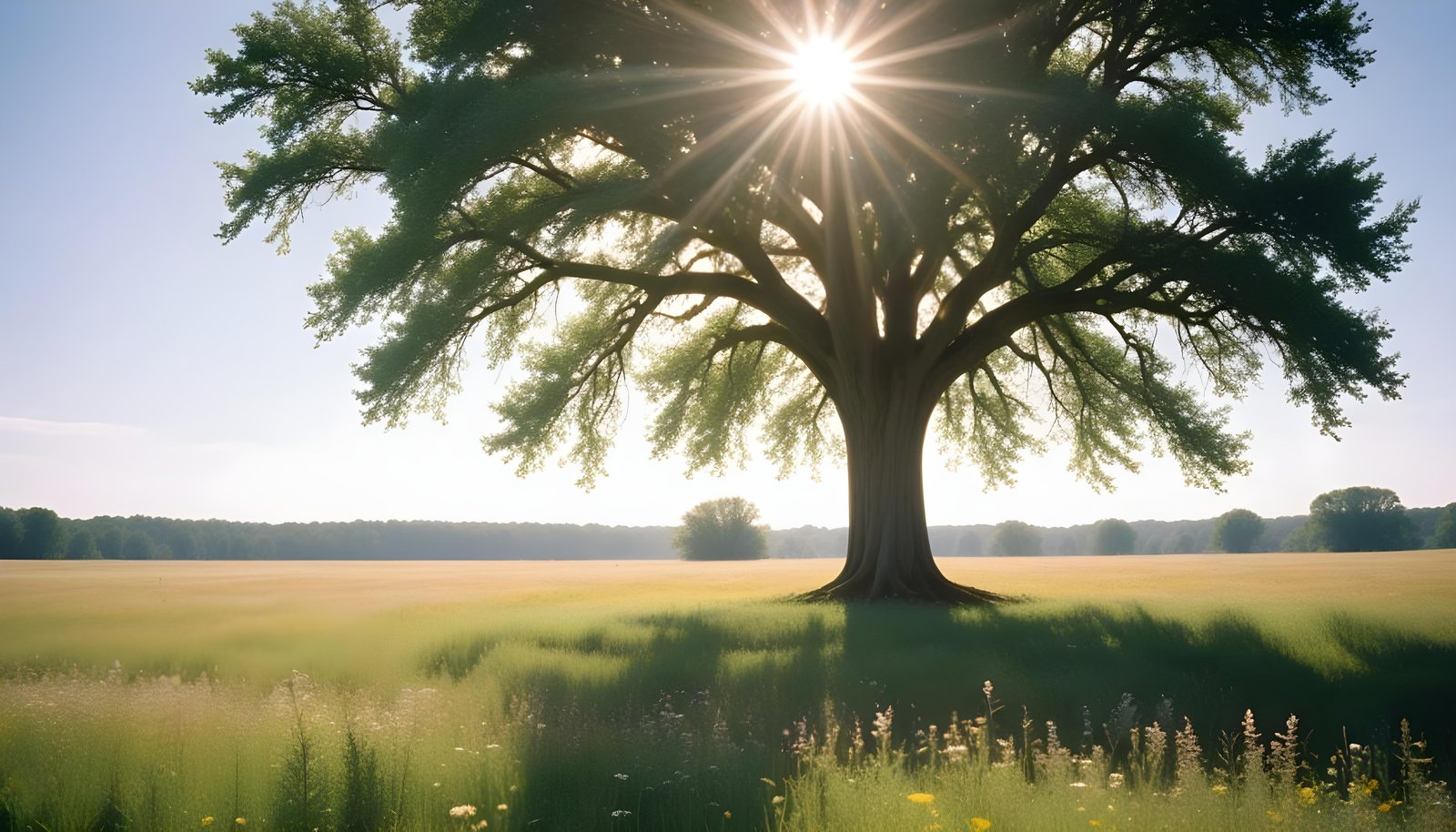 Majestic Sunlit Tree in Beautiful Countryside Landscape with Golden Sun Rays