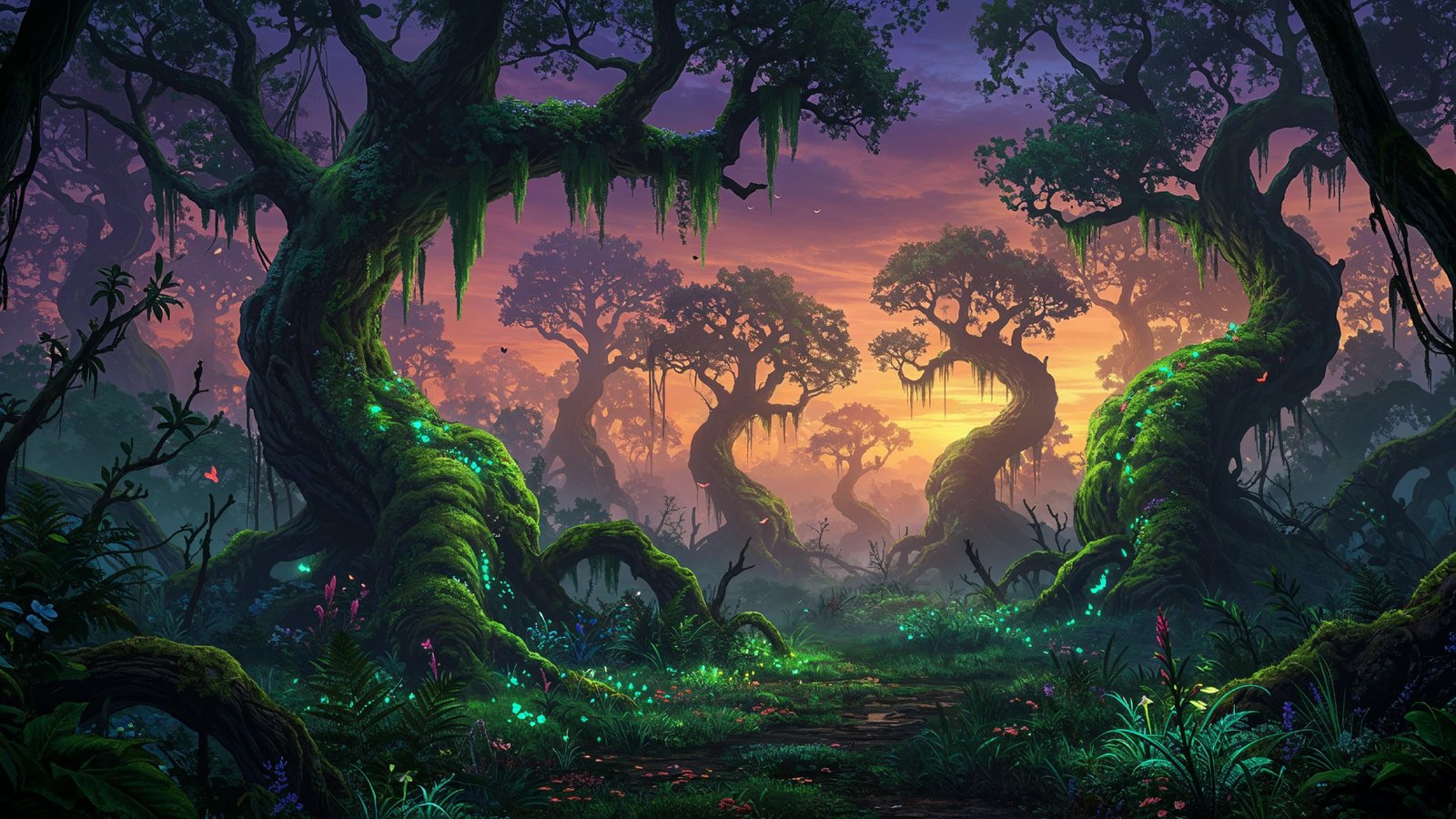 Mystical Enchanted Forest with Glowing Trees and Magical Fantasy Landscape