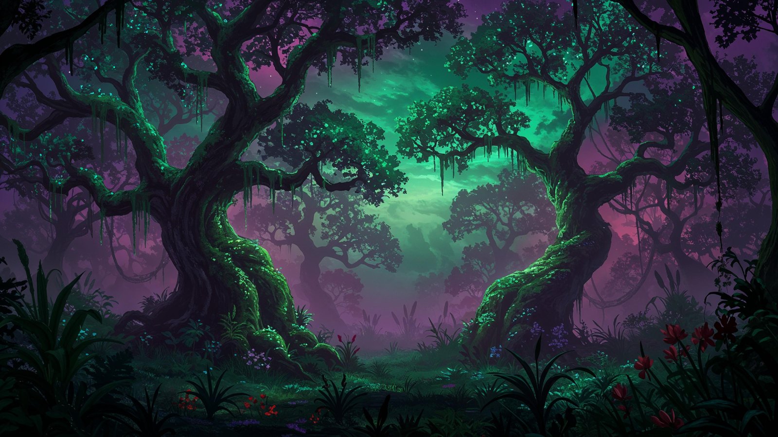 Mystical Enchanted Forest with Glowing Trees and Magical Fantasy Landscape