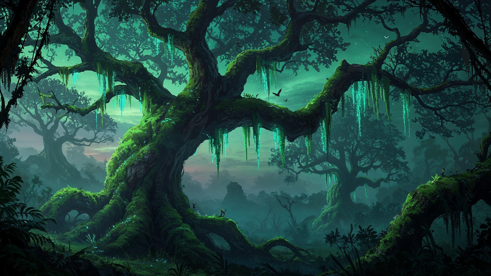 Mystical Enchanted Forest with Glowing Trees and Magical Fantasy Landscape
