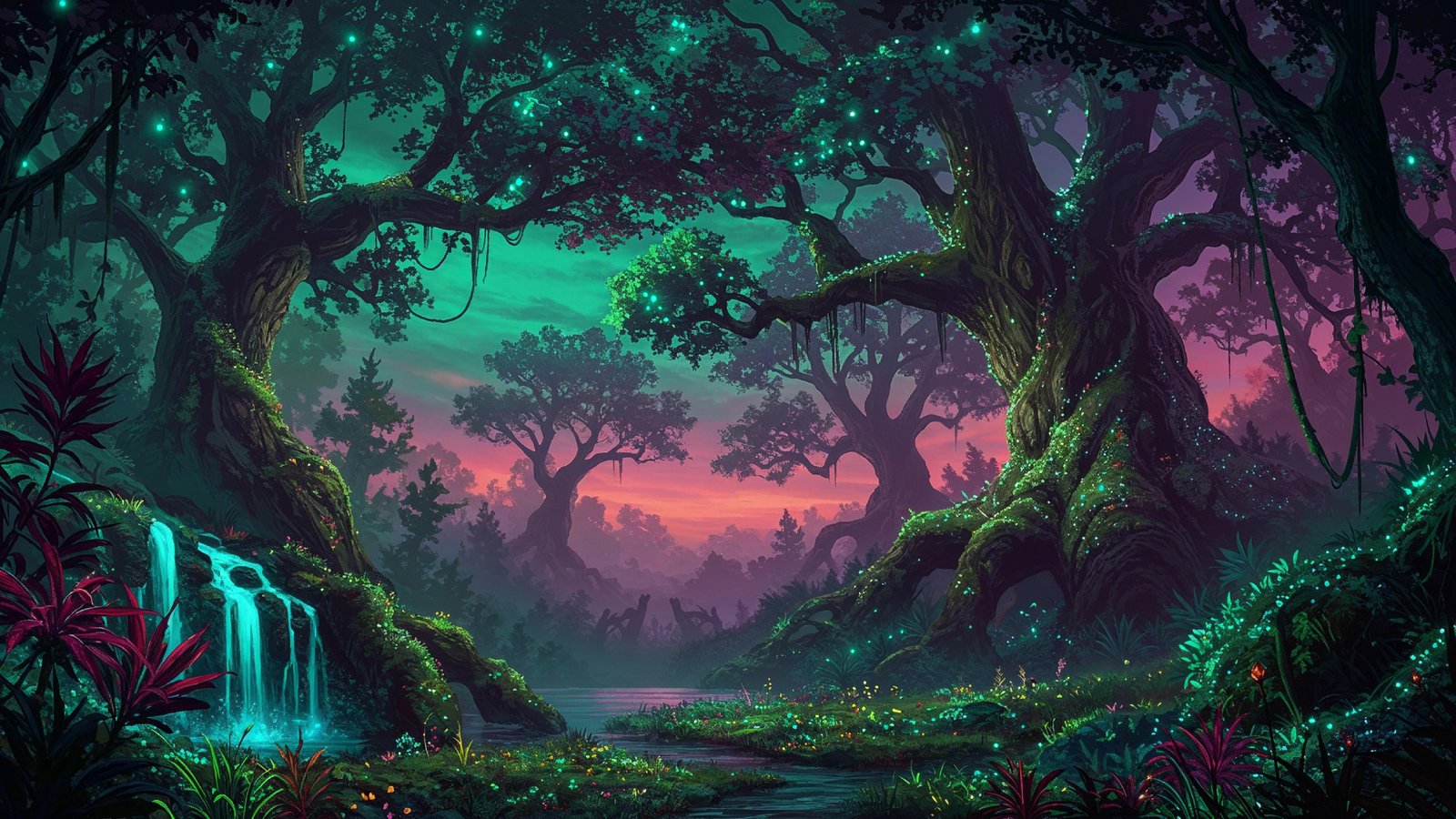 Mystical Enchanted Forest with Glowing Trees and Magical Fantasy Landscape