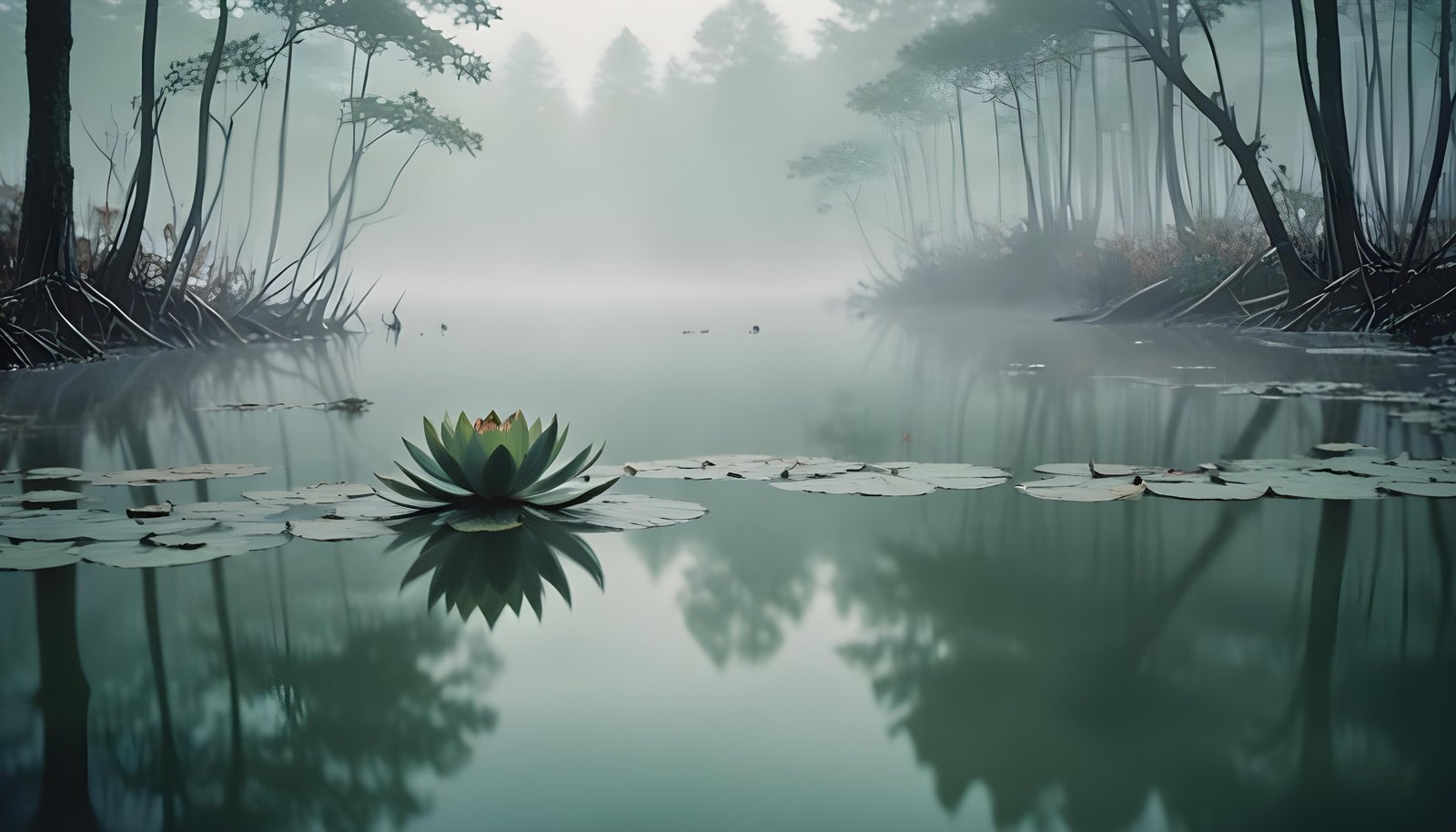 Mystical Lotus Flower on Serene Lake with Foggy Forest Landscape Background