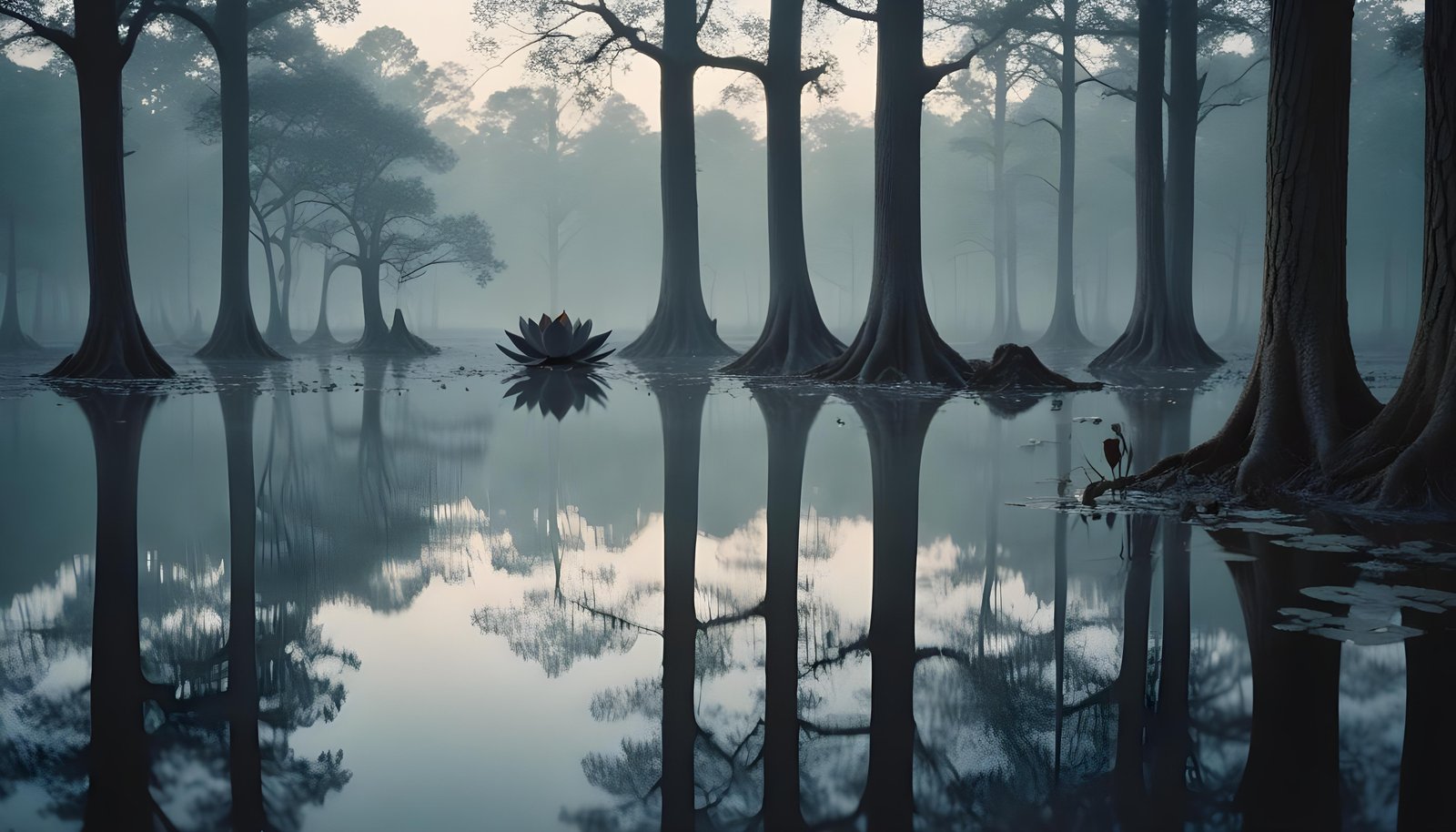 Mystical Lotus Flower on Serene Lake with Foggy Forest Landscape Background