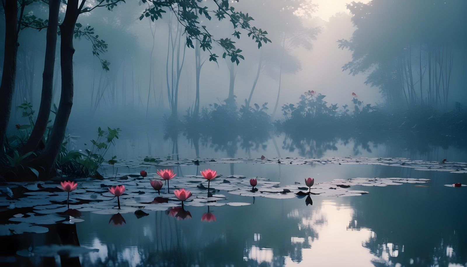 Mystical Lotus Flower on Serene Lake with Foggy Forest Landscape Background