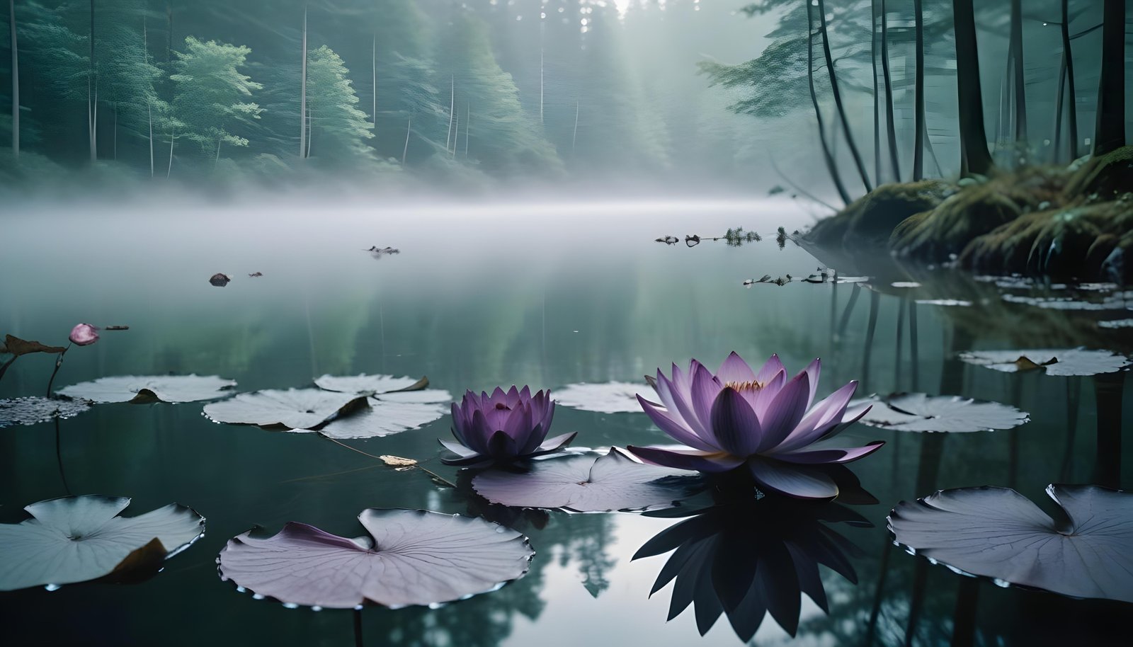 Mystical Lotus Flower on Serene Lake with Foggy Forest Landscape Background